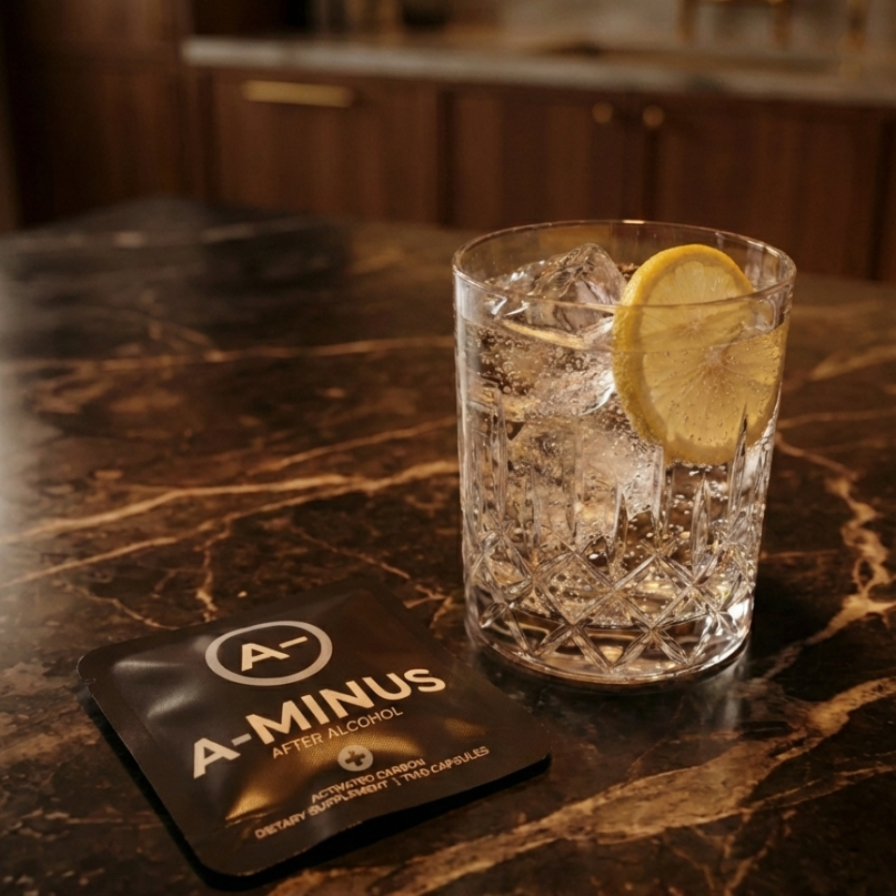 Glass of cocktail with lemon slice on a marble countertop with A-Minus product.