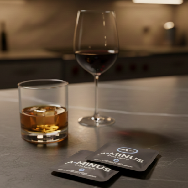 Two glasses of alcohol on a bar with 'A-Minus' product packaging.